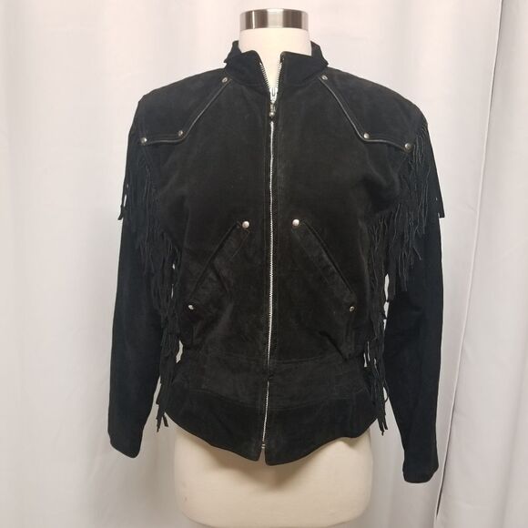 Vintage 90s y2k Wilsons Leather Jacket Western Fringe Black Suede Punk Rock Md